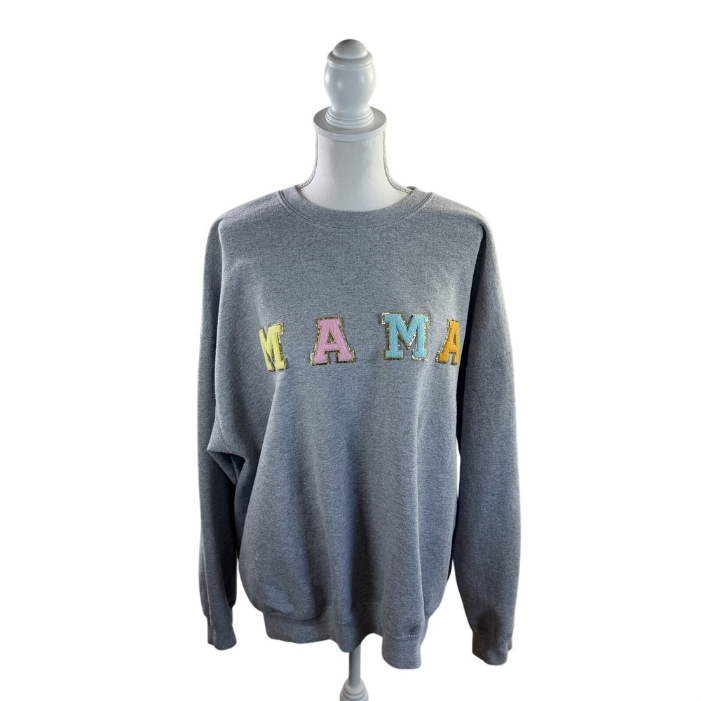 Women's Gray Oversized Colorful Mama Patch Sweatshirt XL